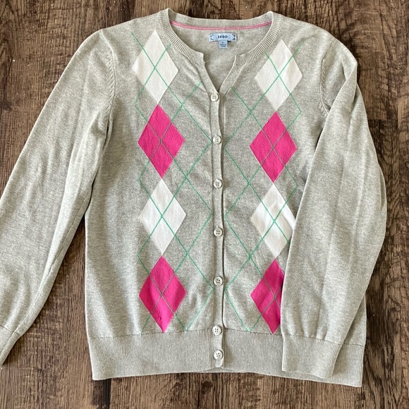 IZOD Argyle Cardigan Sweater with Pink and Gray - Size Large - Picture 1 of 9